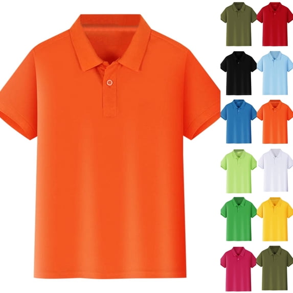 Boys Golf Polo Shirt Uniform Short Sleeve Pique Button Collared School Uniform Tops Casual Stretch Performance Active T Shirt,Saffron,11-12 Years