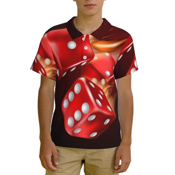 Boys Golf Shirts Short Sleeve Teenage Kids Casual Collared Polo Shirt, Fire Dice Flaming Dices Flame
