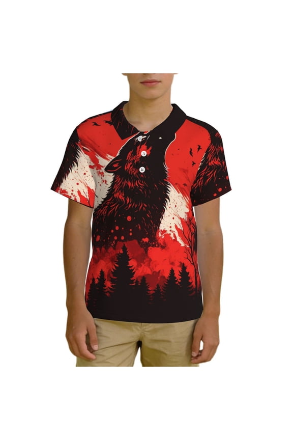 Boys Golf Shirts Short Sleeve Teenage Kids Casual Collared Polo Shirt, Howling Wolf Blood Red Moon Cool