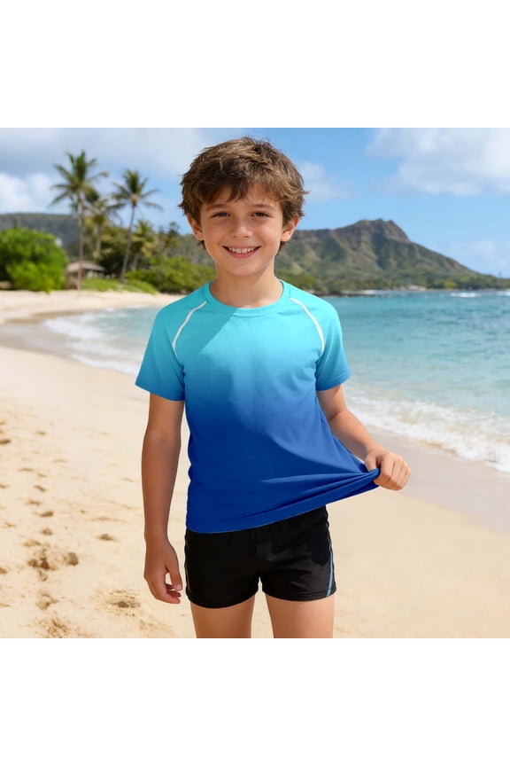 Boys Gradient Color Short Sleeve Swim Tee Round Neck Quick Dry Rash Guard Top Summer Beach Pool Swimming Shirt Size 11-12Y