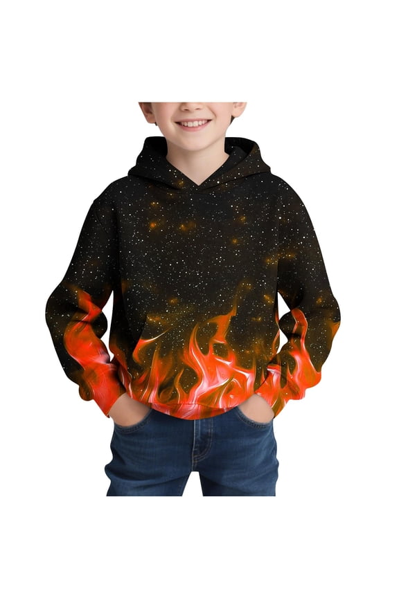 Boys Graphic Hoodies 3D Dragon/Fire/Galaxy Printed Pullover Hooded Sweatshirt Loose Casual Fashion Kids Clothes, Orange #A 13 Years