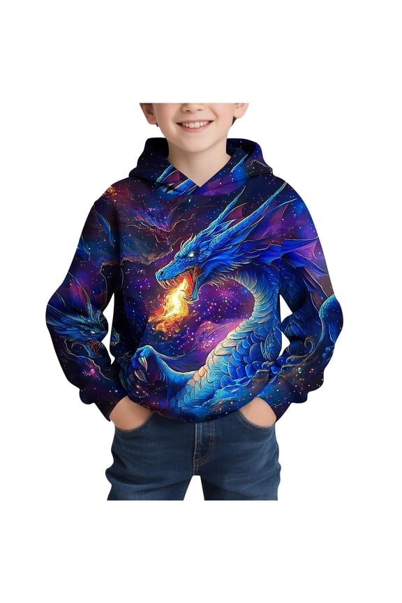 Boys Graphic Hoodies 3D Dragon/Fire/Galaxy Printed Pullover Hooded Sweatshirt Loose Casual Fashion Kids Clothes, Purple 5 Years