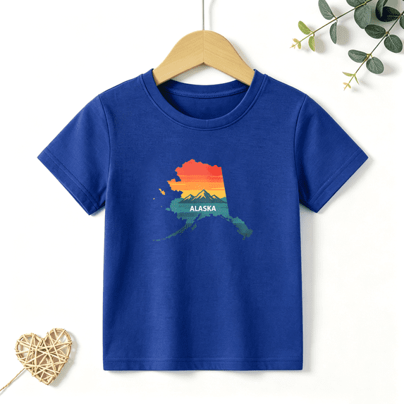 Boys Graphic T Shirt Alaska Map Design Short Sleeve Kids Tee Travel State Pride Style 100% Cotton Soft Child Tops 4-13Y