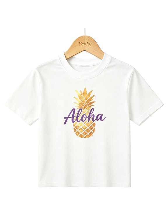 Boys Graphic T-Shirt Aloha Pineapple Hawaii Summer Vacation Kids Tees 100% Cotton Short Sleeve Tops Ages 4-13Y