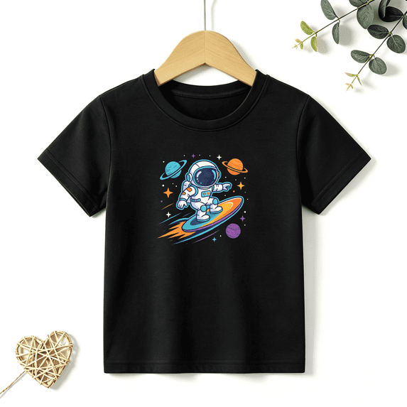 Boys Graphic T Shirt Astronaut Surfing Space Short Sleeve Kids Tees Cool Sci Fi 100% Cotton Soft Tops 4-13Y
