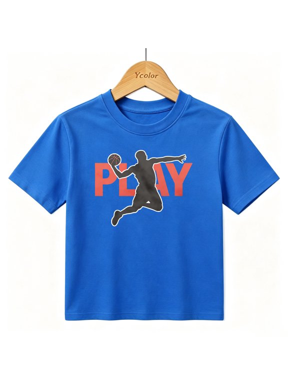 Boys Graphic T-Shirt Basketball Player Dunk Silhouette PLAY Sports Kids Tees 100% Cotton Tops Ages 4-13Y
