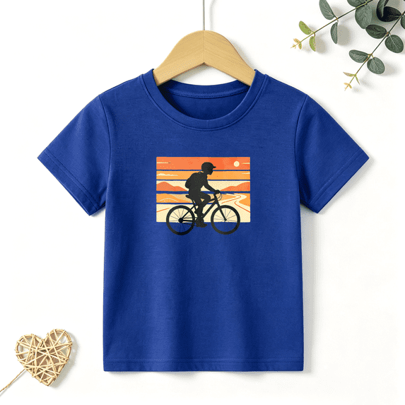 Boys Graphic T Shirt Bicycle Rider Sunset Short Sleeve Tee Outdoor Adventure Style 100% Cotton Soft Kids Tops 4-13Y