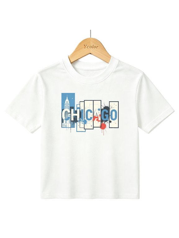 Boys Graphic T-Shirt Chicago Skyline City Art Kids Tees 100% Cotton Short Sleeve Tops Ages 4-13Y