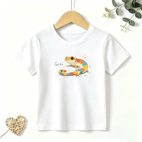 Boys Graphic T Shirt Colorful Gecko Lizard Animal Short Sleeve Kids Tees Cute Nature Inspired Casual Wear 100% Cotton Soft Child Tops 4-13Y