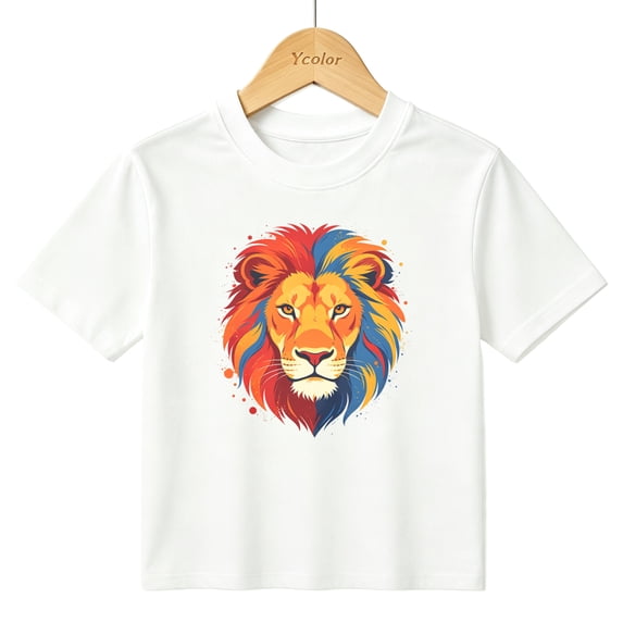 Boys Graphic T-Shirt Colorful Lion Face Artsy Animal Kids Tees 100% Cotton Tops Ages 4-13Y