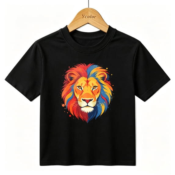 Boys Graphic T-Shirt Colorful Lion Face Artsy Animal Kids Tees 100% Cotton Tops Ages 4-13Y