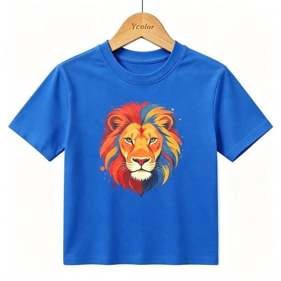 Boys Graphic T-Shirt Colorful Lion Face Artsy Animal Kids Tees 100% Cotton Tops Ages 4-13Y