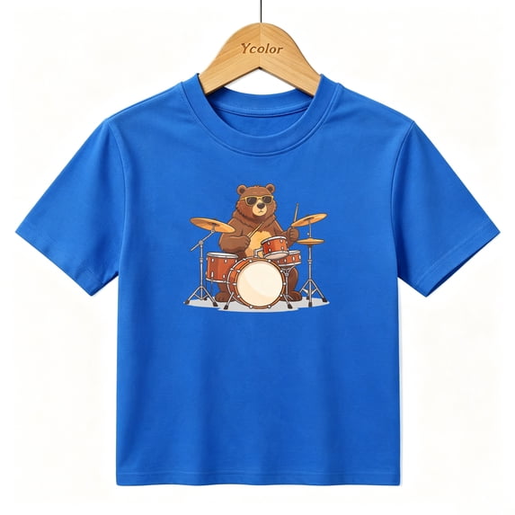 Boys Graphic T-Shirt Cool Bear Playing Drums Music Rock Band Kids Tees 100% Cotton Tops Ages 4-13Y