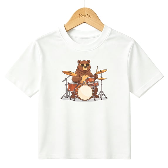 Boys Graphic T-Shirt Cool Bear Playing Drums Music Rock Band Kids Tees 100% Cotton Tops Ages 4-13Y