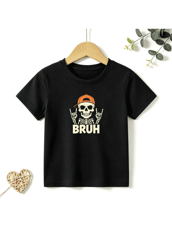 Boys Graphic T Shirt Cool Bruh Skeleton Short Sleeve Kids Tees Funny Meme 100% Cotton Soft Child Tops 4-13Y