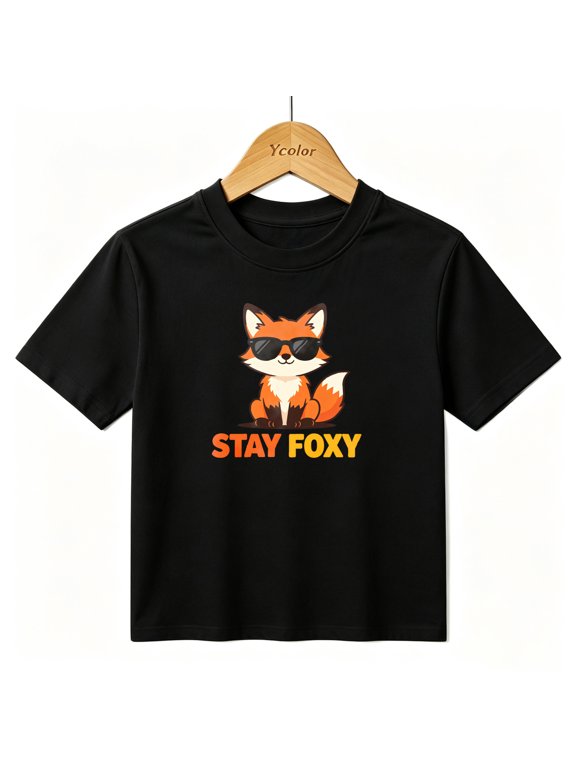 Boys Graphic T-Shirt Cool Fox Stay Foxy Kids Tees 100% Cotton Short Sleeve Tops Ages 4-13Y