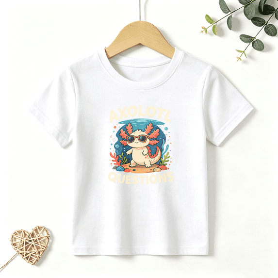 Boys Graphic T Shirt Cute Axolotl Questions Short Sleeve Tee Funny Animal Lover Style 100% Cotton Soft Kids Tops 4-13Y