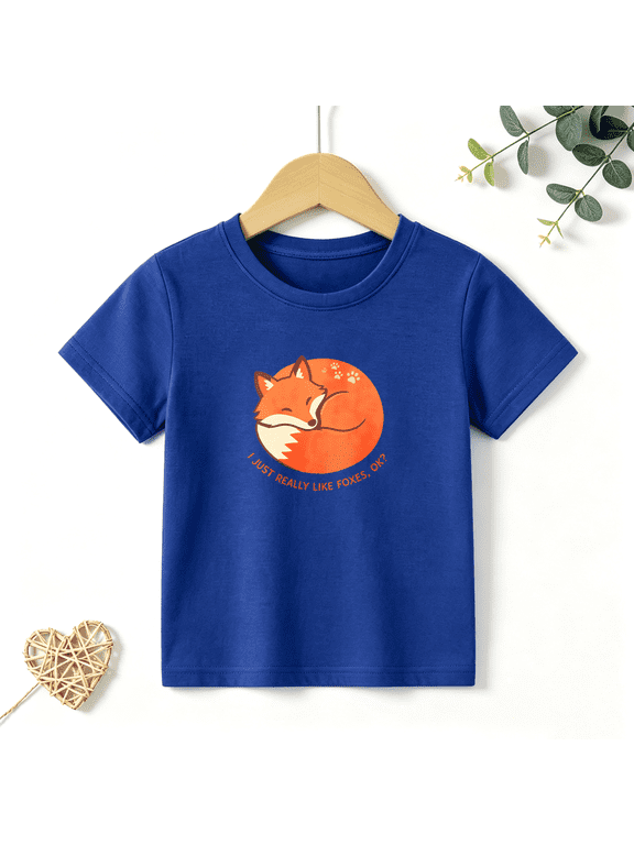 Boys Graphic T Shirt Cute Fox Animal Design Short Sleeve Kids Tee Woodland Nature Style 100% Cotton Soft Child Tops 4-13Y