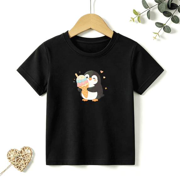 Boys Graphic T Shirt Cute Penguin Ice Cream Short Sleeve Tee Animal Summer Treat Theme 100% Cotton Soft Kids Tops 4-13Y