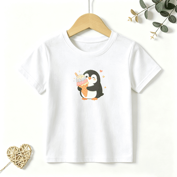 Boys Graphic T Shirt Cute Penguin Ice Cream Short Sleeve Tee Animal Summer Treat Theme 100% Cotton Soft Kids Tops 4-13Y