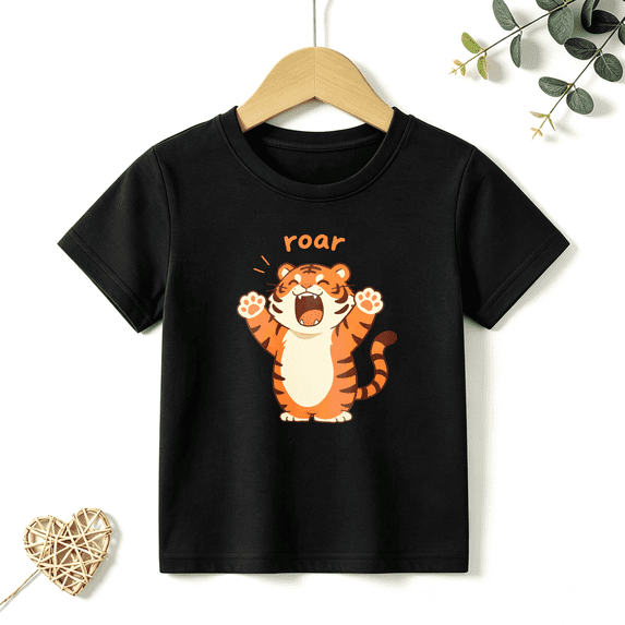 Boys Graphic T Shirt Cute Roaring Tiger Short Sleeve Kids Tees Roar Animal 100% Cotton Soft Child Tops 4-13Y