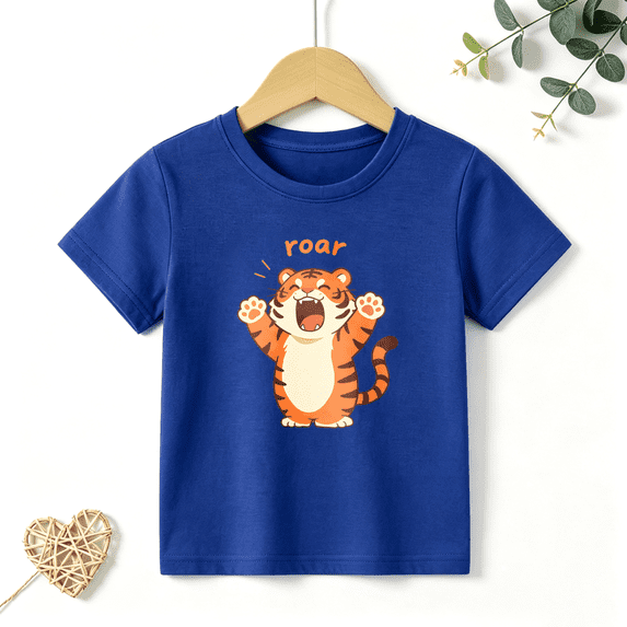 Boys Graphic T Shirt Cute Roaring Tiger Short Sleeve Kids Tees Roar Animal 100% Cotton Soft Child Tops 4-13Y