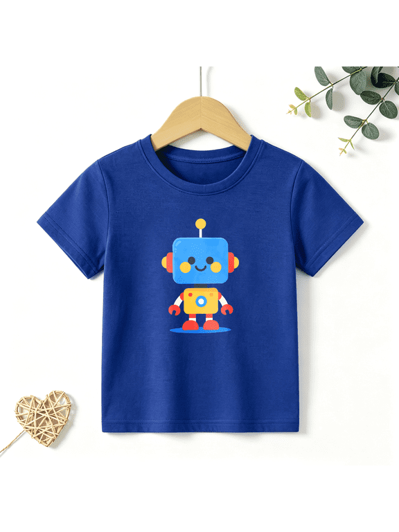 Boys Graphic T Shirt Cute Robot Character Short Sleeve Kids Tee Technology Style 100% Cotton Soft Child Tops 4-13Y