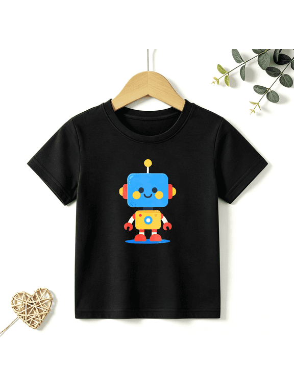 Boys Graphic T Shirt Cute Robot Character Short Sleeve Kids Tee Technology Style 100% Cotton Soft Child Tops 4-13Y