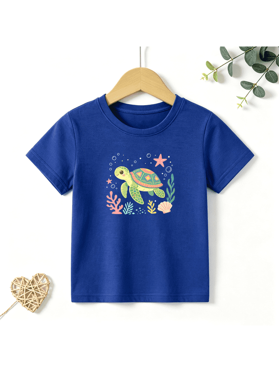 Boys Graphic T Shirt Cute Sea Turtle Ocean Animal Short Sleeve Kids Tees Summer Beach Style 100% Cotton Soft Child Tops 4-13Y