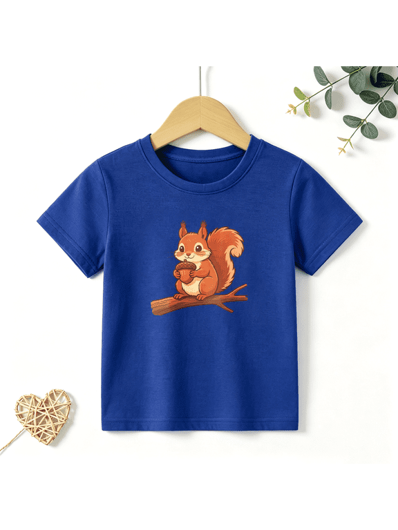 Boys Graphic T Shirt Cute Squirrel Short Sleeve Kids Tees Forest Animal 100% Cotton Soft Child Tops 4-13Y