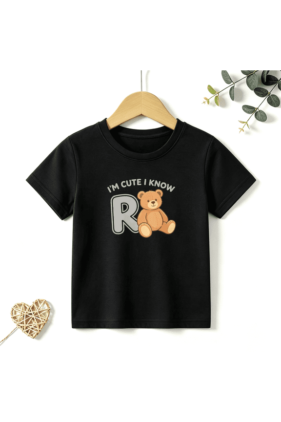 Boys Graphic T Shirt Cute Teddy Bear Initial Letter Short Sleeve Tee Cartoon Animal Style 100% Cotton Soft Kids Tops 4-13Y
