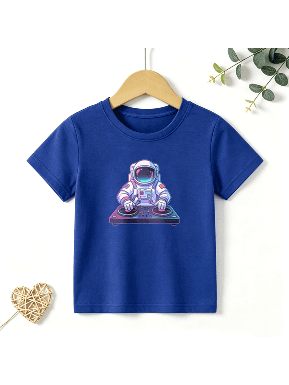 Boys Graphic T Shirt DJ Astronaut Space Music Design Short Sleeve Kids Tees Cool Future Style 100% Cotton Soft Child Tops 4-13Y