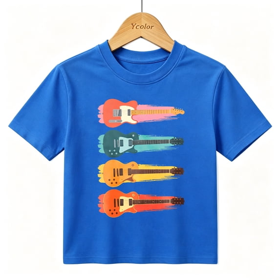 Boys Graphic T-Shirt Electric Guitars Music Rock Band Player Kids Tees 100% Cotton Tops Ages 4-13Y