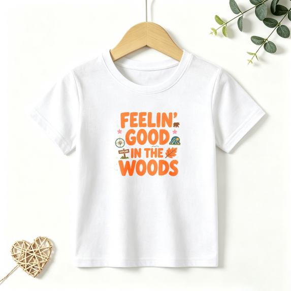Boys Graphic T Shirt Feelin Good In The Woods Camping Short Sleeve Kids Tees Outdoor Style 100% Cotton Soft Child Tops 4-13Y