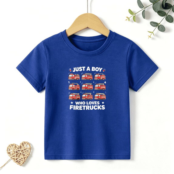 Boys Graphic T Shirt Fire Truck Lover Graphic Short Sleeve Kids Tees Firefighter Theme Fun Vehicle Style 100% Cotton Soft Child Tops 4-13Y