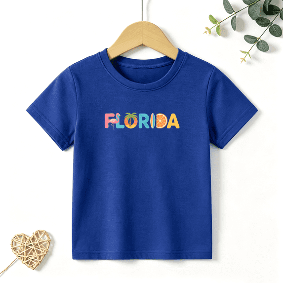Boys Graphic T Shirt Florida Tropical Word Art Short Sleeve Kids Tees Summer Vacation Style 100% Cotton Soft Child Tops 4-13Y