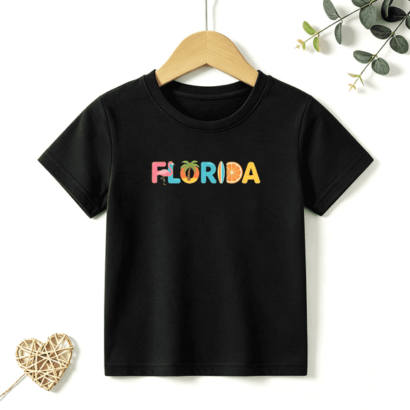 Boys Graphic T Shirt Florida Tropical Word Art Short Sleeve Kids Tees Summer Vacation Style 100% Cotton Soft Child Tops 4-13Y