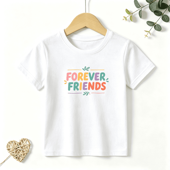 Boys Graphic T Shirt Forever Friends Colorful Text Short Sleeve Tee Cute Friendship Style Everyday Wear 100% Cotton Soft Kids Tops 4-13Y