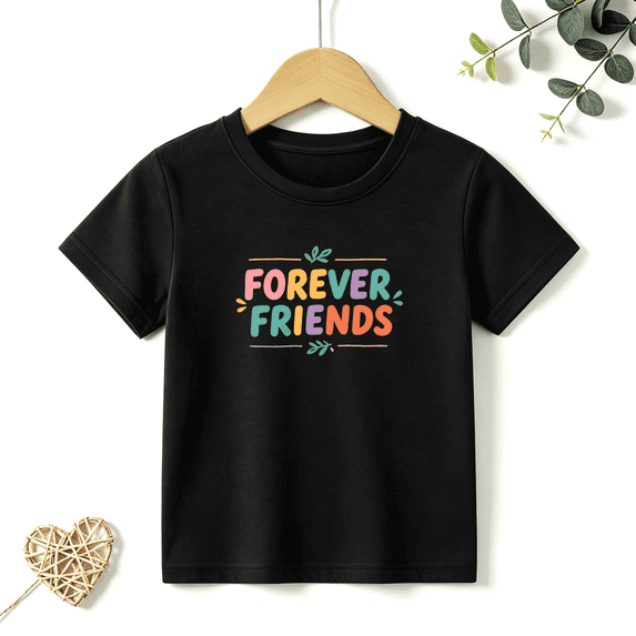 Boys Graphic T Shirt Forever Friends Colorful Text Short Sleeve Tee Cute Friendship Style Everyday Wear 100% Cotton Soft Kids Tops 4-13Y