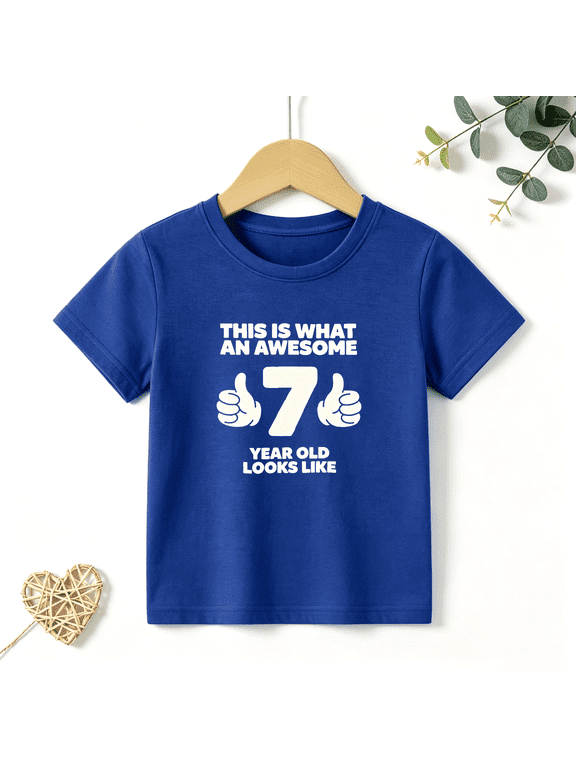 Boys Graphic T Shirt Funny 7 Year Old Birthday Number Design Short Sleeve Kids Tees Party Gift Style 100% Cotton Soft Child Tops 4-13Y