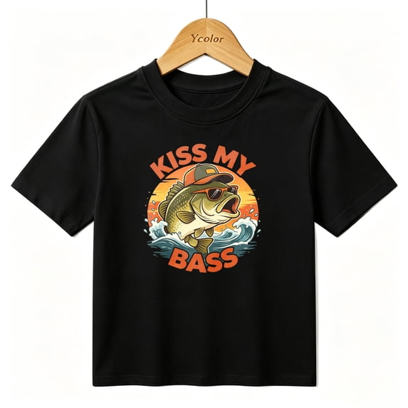 Boys Graphic T-Shirt Funny Bass Fishing Kiss My Bass Kids Tees 100% Cotton Tops Ages 4-13Y