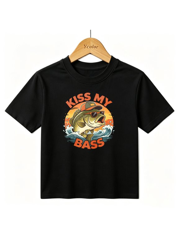 Boys Graphic T-Shirt Funny Bass Fishing Kiss My Bass Kids Tees 100% Cotton Tops Ages 4-13Y