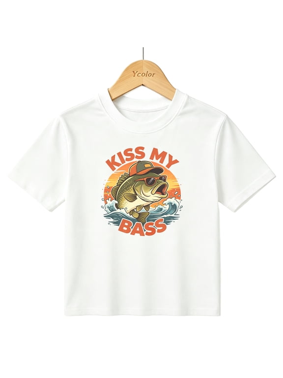Boys Graphic T-Shirt Funny Bass Fishing Kiss My Bass Kids Tees 100% Cotton Tops Ages 4-13Y
