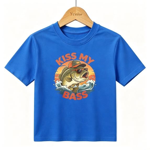 Boys Graphic T-Shirt Funny Bass Fishing Kiss My Bass Kids Tees 100% Cotton Tops Ages 4-13Y