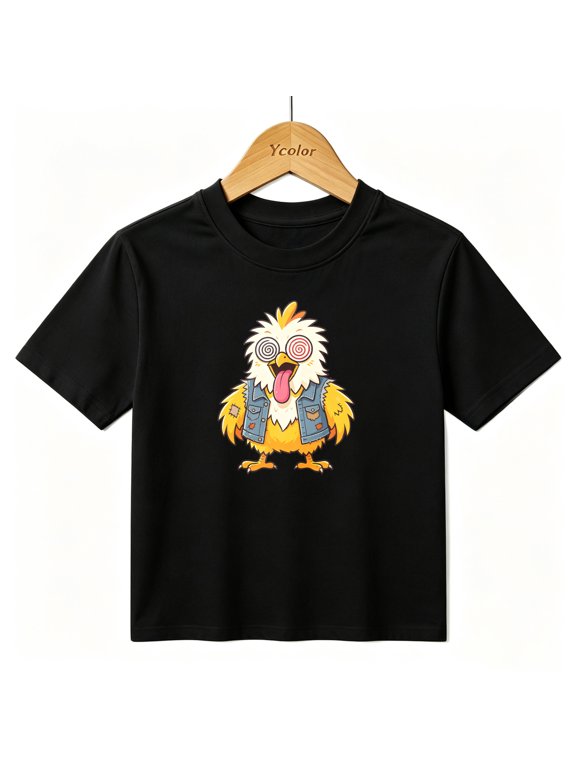 Boys Graphic T-Shirt Funny Crazy Chicken Denim Jacket Kids Tees 100% Cotton Short Sleeve Tops Ages 4-13Y