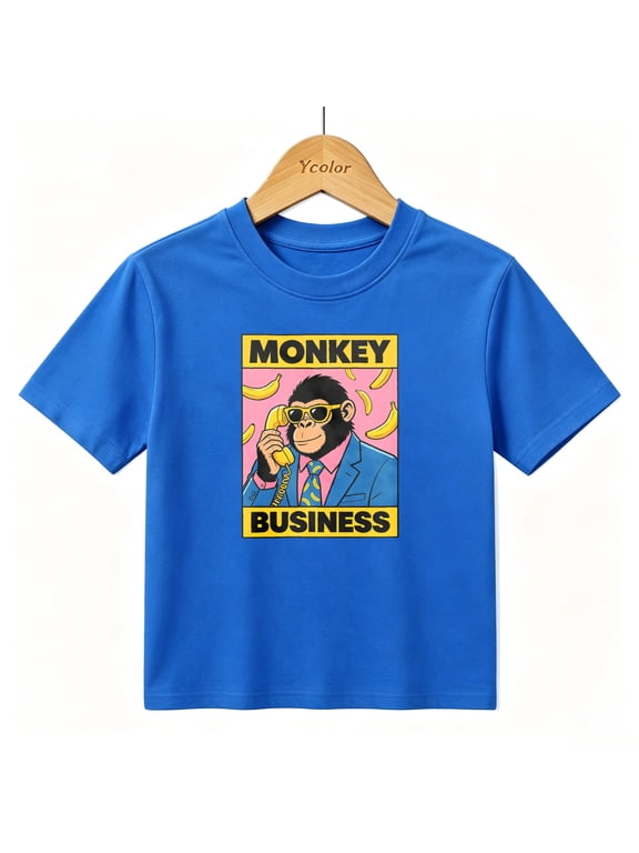Boys Graphic T-Shirt Funny Monkey Business Kids Tees 100% Cotton Short Sleeve Tops Ages 4-13Y