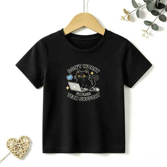 Boys Graphic T Shirt Funny Tech Support Cat Short Sleeve Tee Computer Lover Style 100% Cotton Soft Kids Tops 4-13Y