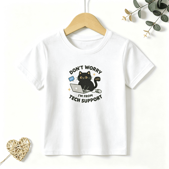 Boys Graphic T Shirt Funny Tech Support Cat Short Sleeve Tee Computer Lover Style 100% Cotton Soft Kids Tops 4-13Y