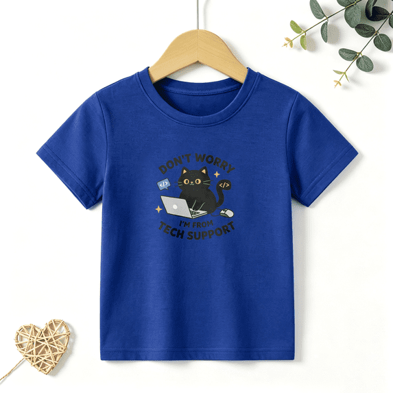 Boys Graphic T Shirt Funny Tech Support Cat Short Sleeve Tee Computer Lover Style 100% Cotton Soft Kids Tops 4-13Y