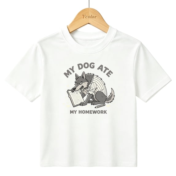 Boys Graphic T-Shirt Funny Wolf Homework School Kids Tees 100% Cotton Short Sleeve Tops Ages 4-13Y